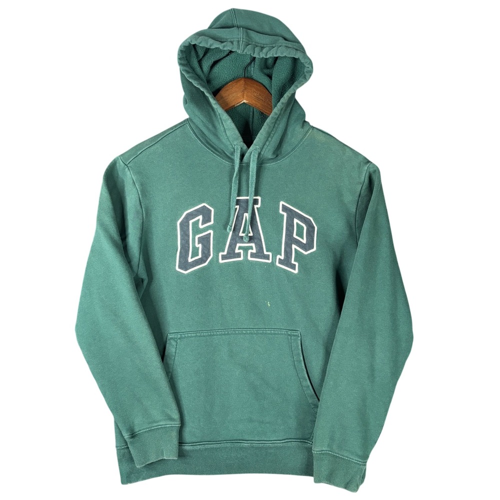 Vintage Y2K GAP Mens Logo Hoodie Green Fleece Pullover Sweatshirt Small